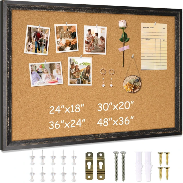 Main image of Cork Board, 24" X 18" Rustic Framed Bulletin Board, Black Decorative Pin Board, Wall Hanging Notice Board, For Office & Home Decor Memo Display, With Pins