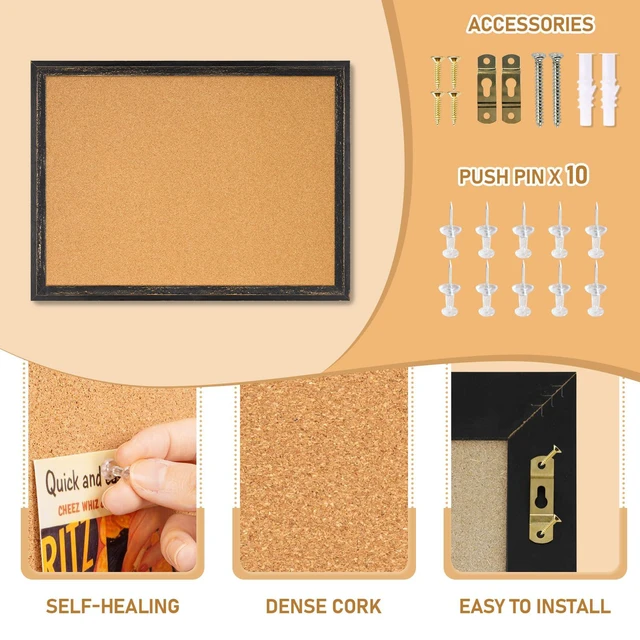 Alt view image 2 of 7 - Cork Board, 24" X 18" Rustic Framed Bulletin Board, Black Decorative Pin Board, Wall Hanging Notice Board, For Office & Home Decor Memo Display, With Pins
