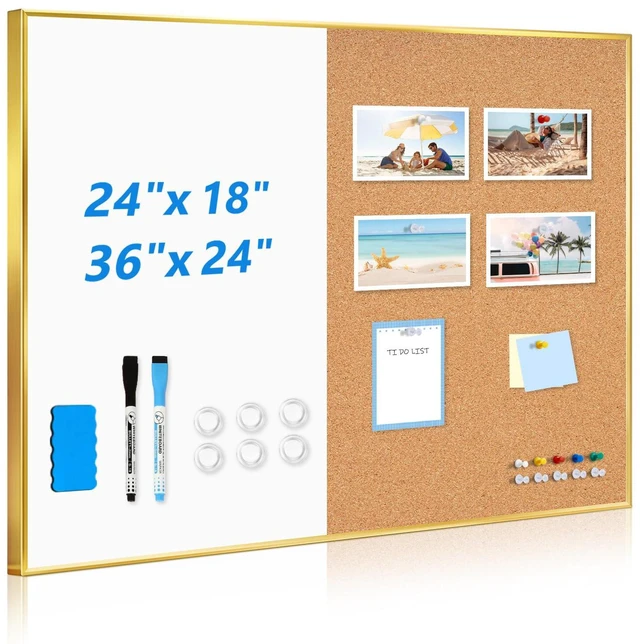 Main image of Magnetic Dry Erase White Board & Cork Board Combo, 36"x24", Wall Mounted Gold Aluminum Frame, Dry Erase Board and Cork Bulletin Board, Vision Board, for Home Office, School, Kitchen