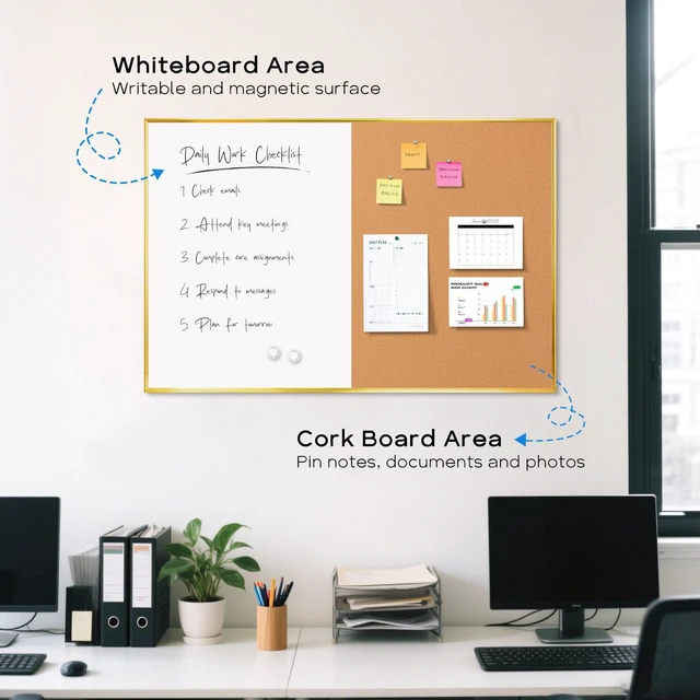 Alt view image 2 of 7 - Magnetic Dry Erase White Board & Cork Board Combo, 36"x24", Wall Mounted Gold Aluminum Frame, Dry Erase Board and Cork Bulletin Board, Vision Board, for Home Office, School, Kitchen