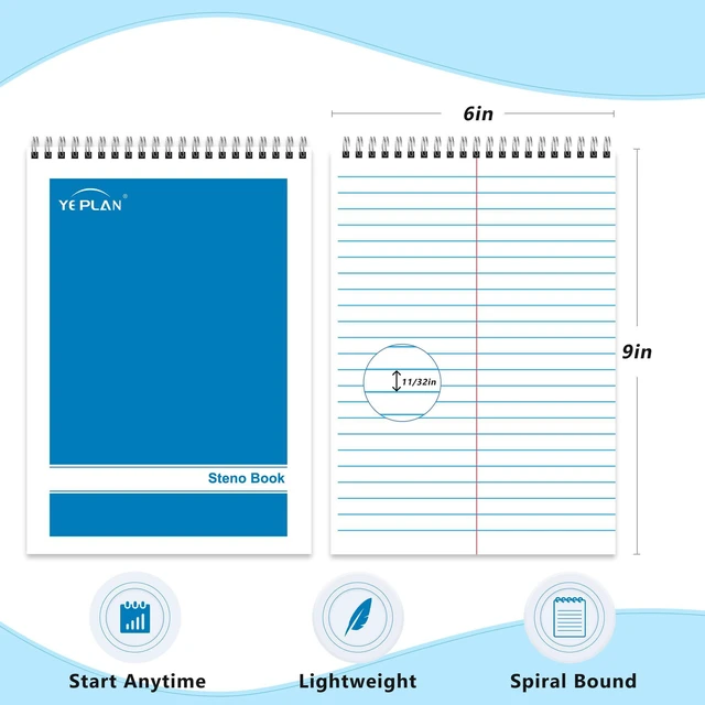 Alt view image 2 of 7 - Steno Pads Spiral Notebook 6x9 12 Pack, Top Spiral Notebook with Gregg Ruled White Paper, Notebooks & Writing Pads for School, College, Work, Office, Home, 60 Sheets, 6 Assorted Colors