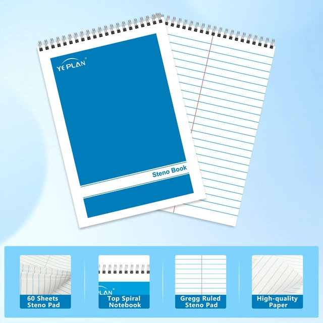 Alt view image 3 of 7 - Steno Pads Spiral Notebook 6x9 12 Pack, Top Spiral Notebook with Gregg Ruled White Paper, Notebooks & Writing Pads for School, College, Work, Office, Home, 60 Sheets, 6 Assorted Colors