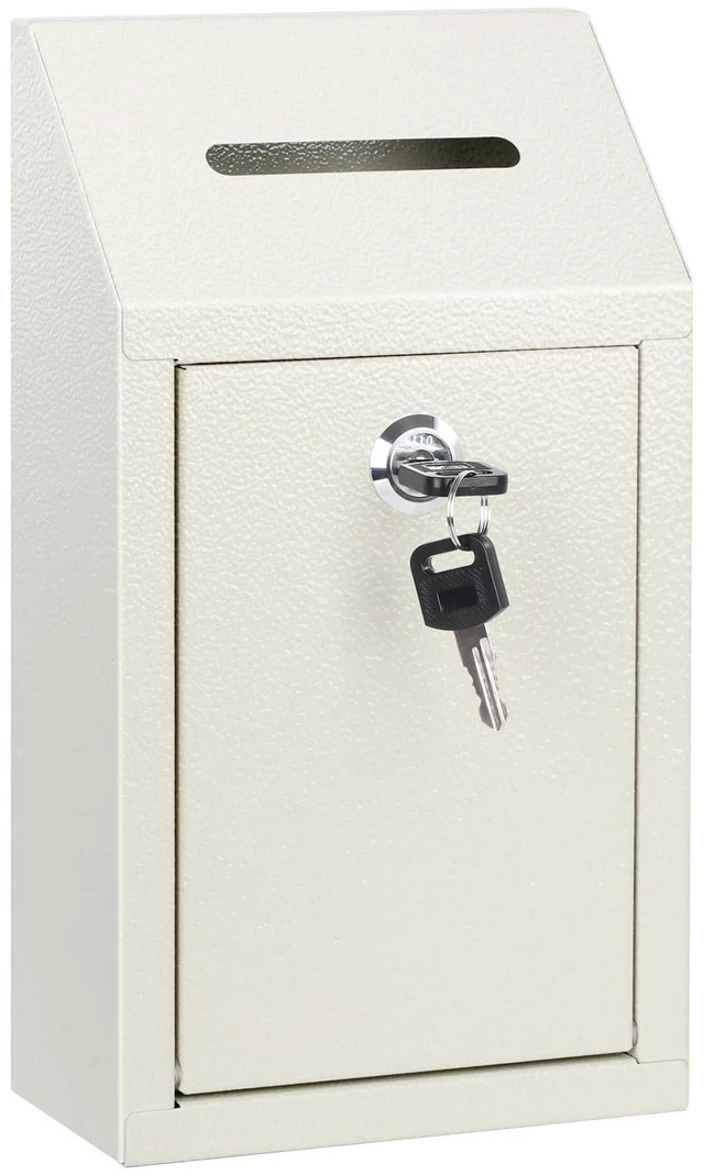 Main image of Metal Cash Box for Farm Stand, Money Drop Box with Lock & Slot Wall Mount, Self-service Payment Drop, Porch Pickup Payments, 2 Keys, Hardware Included, 10.24 x 5.7 x 2.95 In, White