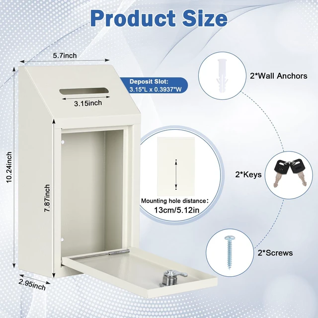 Alt view image 2 of 7 - Metal Cash Box for Farm Stand, Money Drop Box with Lock & Slot Wall Mount, Self-service Payment Drop, Porch Pickup Payments, 2 Keys, Hardware Included, 10.24 x 5.7 x 2.95 In, White