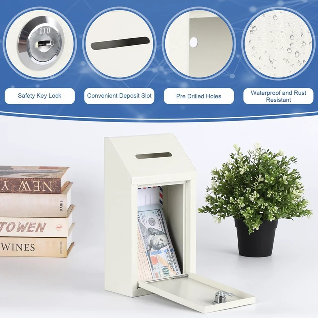 Alt view image 5 of 7 - Metal Cash Box for Farm Stand, Money Drop Box with Lock & Slot Wall Mount, Self-service Payment Drop, Porch Pickup Payments, 2 Keys, Hardware Included, 10.24 x 5.7 x 2.95 In, White