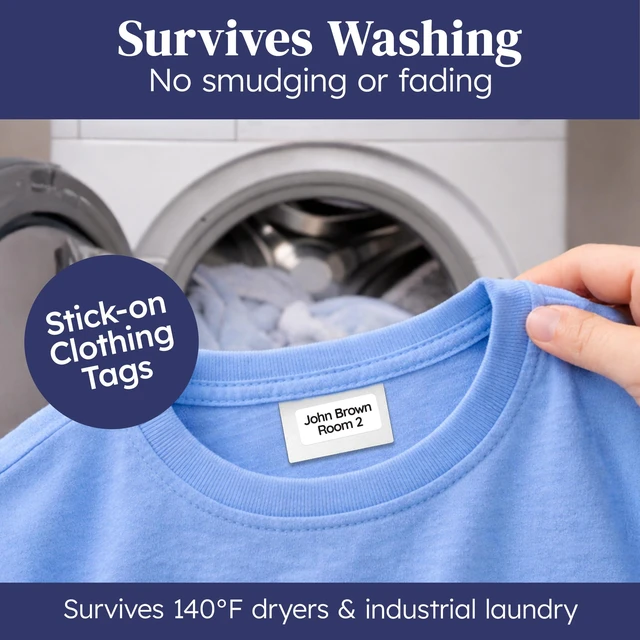 Alt view image 3 of 7 - Clothing Labels for Nursing Home (140), No-Iron, Washable & Personalized Name Tags for Clothes, Items and Nursing Home Supplies (1.2 x 0.5) - White