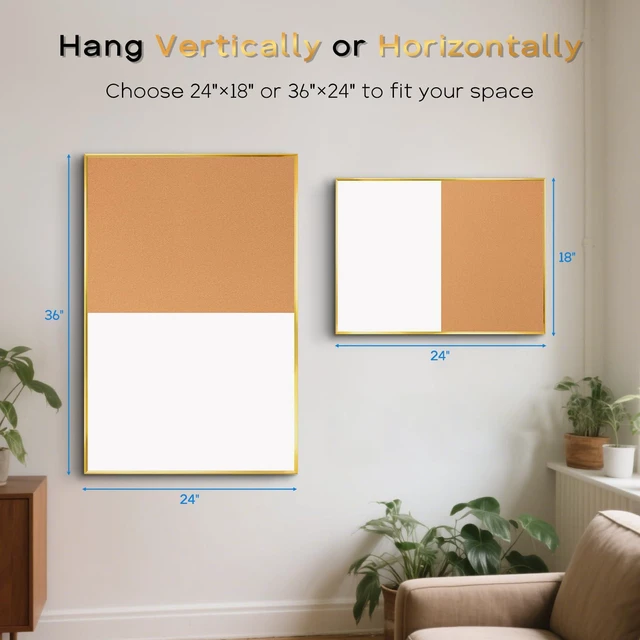 Alt view image 6 of 7 - Magnetic Dry Erase White Board & Cork Board Combo, 36"x24", Wall Mounted Gold Aluminum Frame, Dry Erase Board and Cork Bulletin Board, Vision Board, for Home Office, School, Kitchen