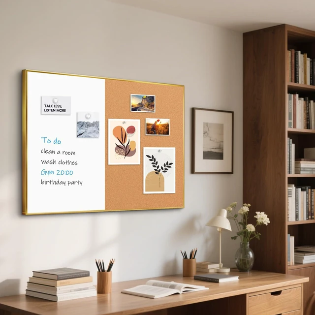 Alt view image 7 of 7 - Magnetic Dry Erase White Board & Cork Board Combo, 36"x24", Wall Mounted Gold Aluminum Frame, Dry Erase Board and Cork Bulletin Board, Vision Board, for Home Office, School, Kitchen
