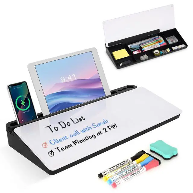 Main image of Desktop Glass Whiteboard with Storage, Desk Dry Erase White Board Stand Computer Keyboard Stand, Office Desk Organizers and Accessories with Drawer, To Do Memo Notepad, Home School Supplies