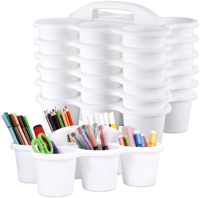 Main image of 6 Pack Classroom Caddy Organizer with Handle, 6 Compartments, White Stackable Plastic Table Caddies, 12x9x3.5 In, caddy Organizer for School Supplies, Crayons, Pencils, Crafts and Drink Cups