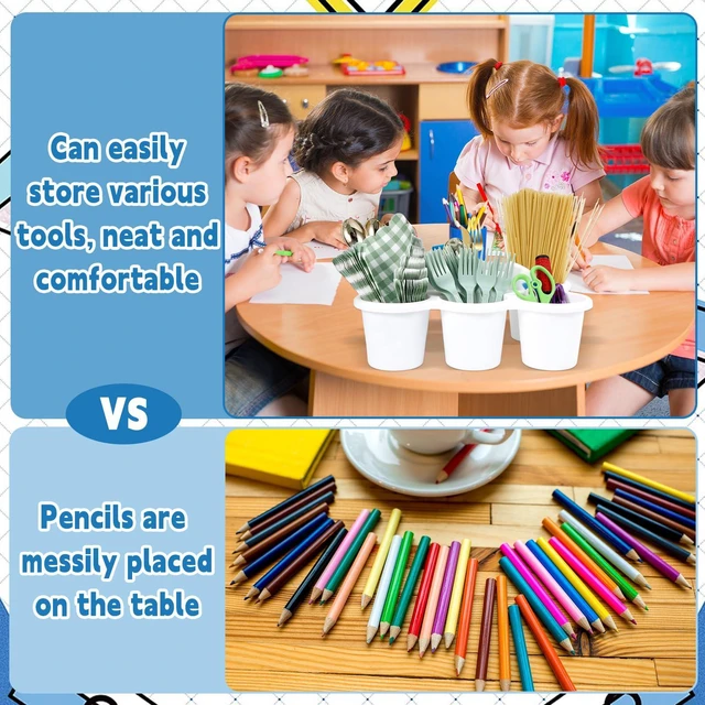Alt view image 4 of 7 - 6 Pack Classroom Caddy Organizer with Handle, 6 Compartments, White Stackable Plastic Table Caddies, 12x9x3.5 In, caddy Organizer for School Supplies, Crayons, Pencils, Crafts and Drink Cups
