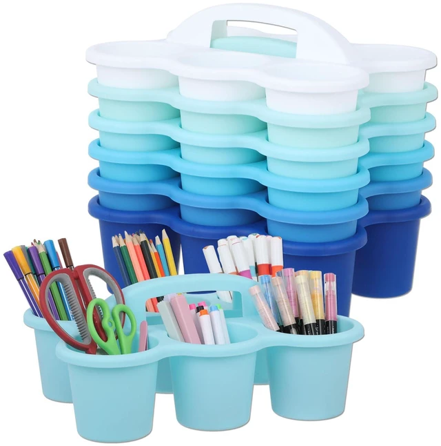 Main image of 6 Pack Classroom Caddy Organizer with Handle, 6 Compartments, Gradient Blue Stackable Plastic Table Caddies, 12x9x3.5 In, caddy Organizer for School Supplies, Crayons, Pencils, Crafts and Drink Cups