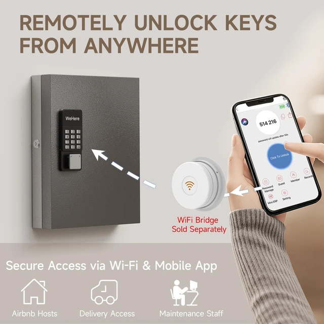 Alt view image 4 of 7 - 32 Key Lock Box Smart Key Organier Cabinet with Keypad & App for Office Wall Mounted Lockbox use App, Custom & One Time Password, WiFi (Need W100 Bridge) Unlock for School, Office, Fleet, Hotel