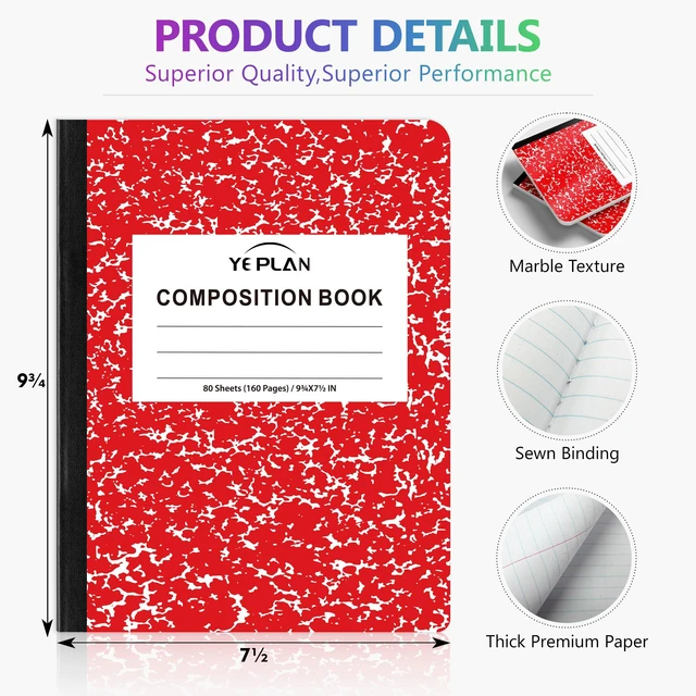 Alt view image 2 of 7 - Composition Notebooks 4 pack, Wide Ruled Notebook Paper, 9 3/4" x 7 1/2", 80 Sheets/160 Pages, Aesthetic Marble Composition Notebook for School & Office Supplies (4, Assorted Colors)