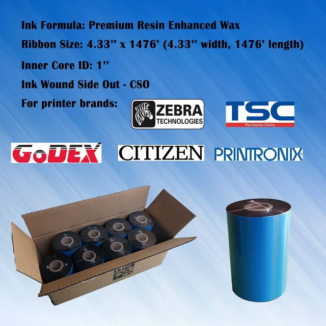 Alt view image 2 of 7 - 8 Rolls 4.33'' x 1476' Premium Resin Enhanced Wax Ribbon, 110mm x 450m Black Thermal Transfer Ribbon, Barcode Thermal Label Printer Ribbon, CSO-Ink Outside, 1'' Core for Zebra, TSC, GoDex, Citizen