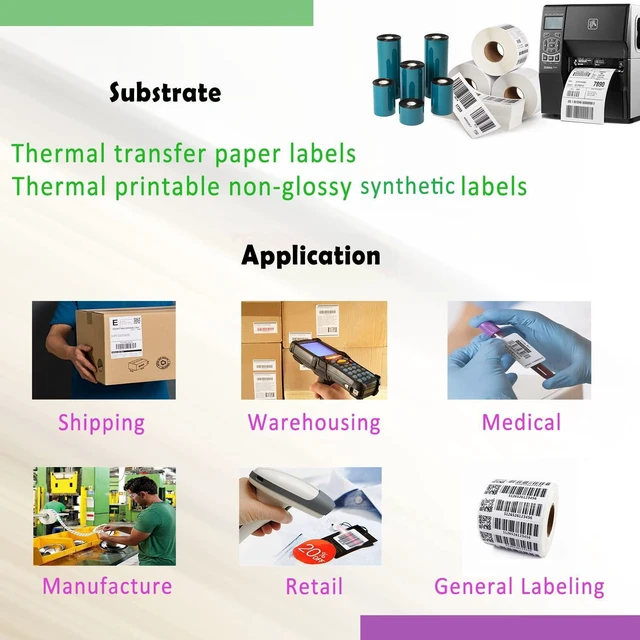 Alt view image 4 of 7 - 8 Rolls 4.33'' x 1476' Premium Resin Enhanced Wax Ribbon, 110mm x 450m Black Thermal Transfer Ribbon, Barcode Thermal Label Printer Ribbon, CSO-Ink Outside, 1'' Core for Zebra, TSC, GoDex, Citizen