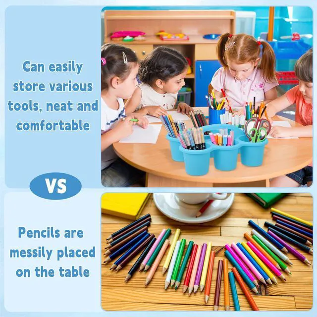 Alt view image 4 of 7 - 6 Pack Classroom Caddy Organizer with Handle, 6 Compartments, Gradient Blue Stackable Plastic Table Caddies, 12x9x3.5 In, caddy Organizer for School Supplies, Crayons, Pencils, Crafts and Drink Cups