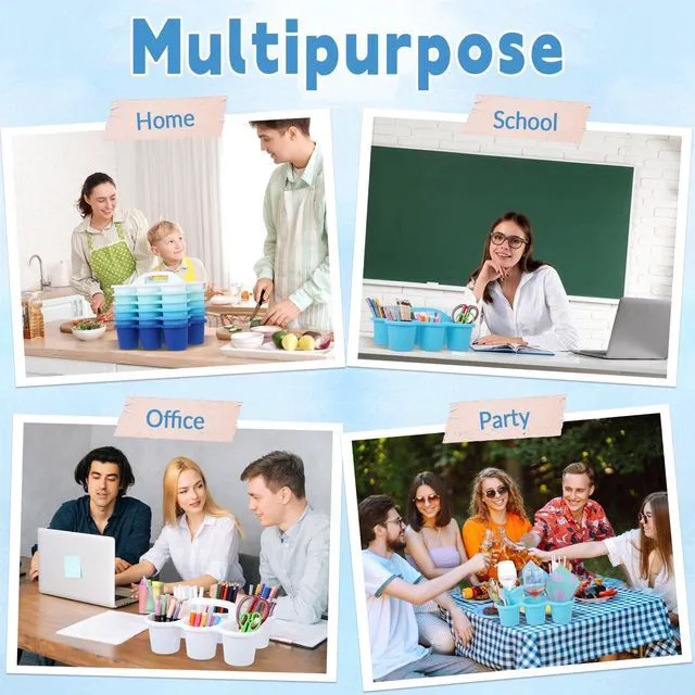 Alt view image 7 of 7 - 6 Pack Classroom Caddy Organizer with Handle, 6 Compartments, Gradient Blue Stackable Plastic Table Caddies, 12x9x3.5 In, caddy Organizer for School Supplies, Crayons, Pencils, Crafts and Drink Cups