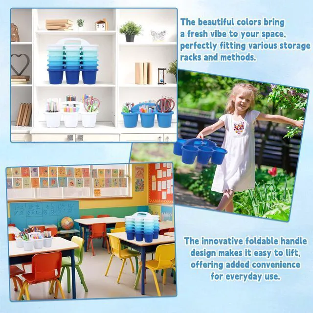 Alt view image 6 of 7 - 6 Pack Classroom Caddy Organizer with Handle, 6 Compartments, Gradient Blue Stackable Plastic Table Caddies, 12x9x3.5 In, caddy Organizer for School Supplies, Crayons, Pencils, Crafts and Drink Cups