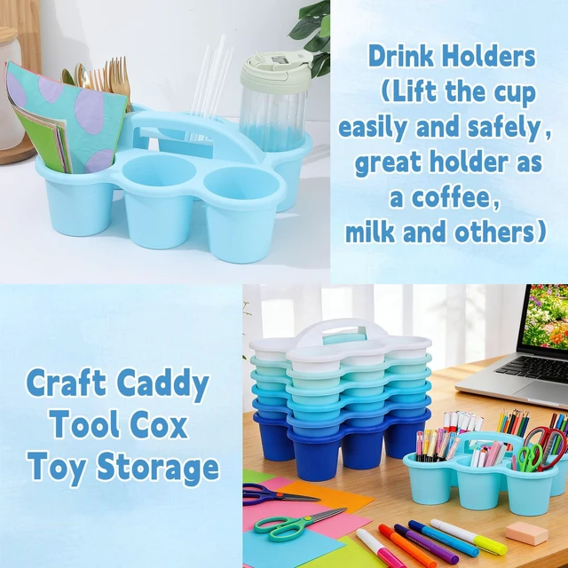 Alt view image 5 of 7 - 6 Pack Classroom Caddy Organizer with Handle, 6 Compartments, Gradient Blue Stackable Plastic Table Caddies, 12x9x3.5 In, caddy Organizer for School Supplies, Crayons, Pencils, Crafts and Drink Cups