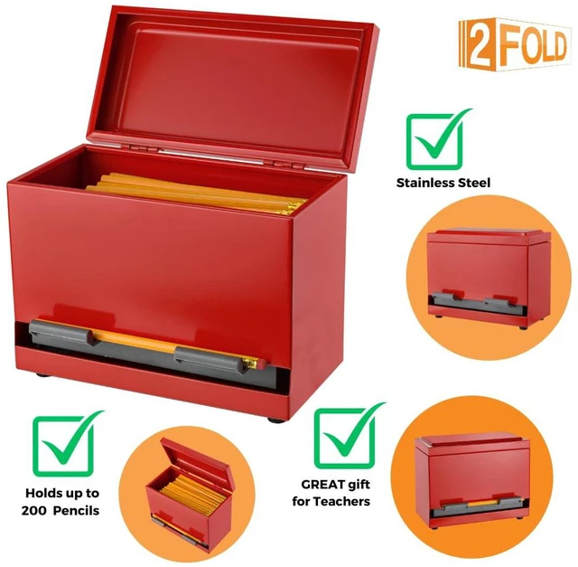 Alt view image 3 of 7 - Pencil Dispenser for Classroom - Stainless Steel Bulk Pencil Holder for Desk - Includes Removable Label Stickers - Teacher Must Haves for Organization - Holds up to 200 Pencils (Red)