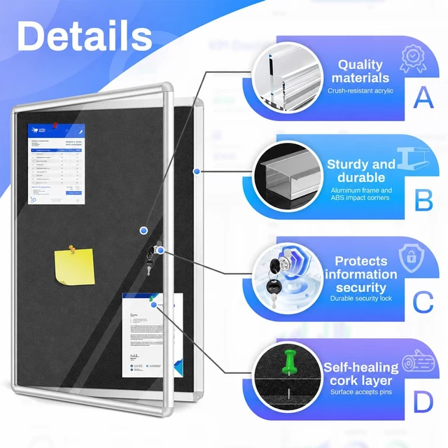 Alt view image 4 of 6 - 24"x18" Enclosed Bulletin Board Tamper-Proof Dispaly Case, Black Felt, Aluminium Frame, Shatter Resistant Lockable Bulletin Board, Lockable Noticeboard