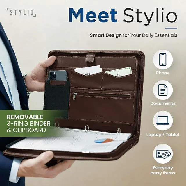 Alt view image 2 of 7 - Walnut Zipper Portfolio Binder w/Carrying Handle | Removable 3-Ring Binder (1") w/Clipboard Padfolio | Organizer for Documents, iPad, Tablet, Notebook | Business Leather Folder for Men Women