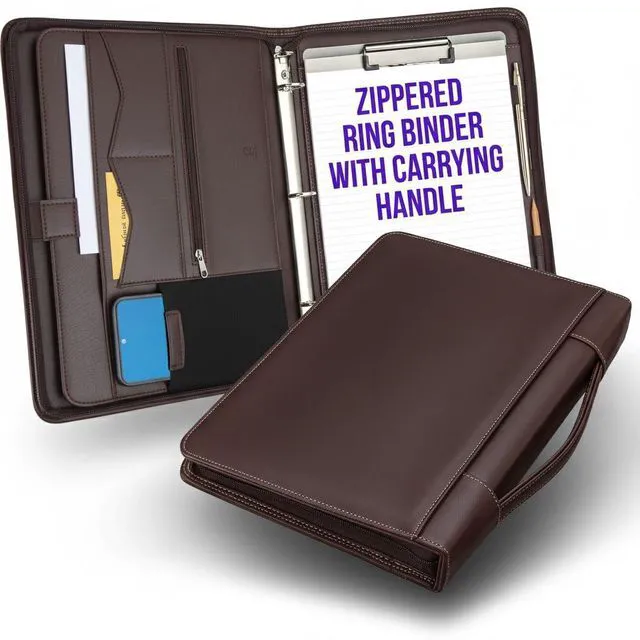 Main image of Walnut Zipper Portfolio Binder w/Carrying Handle | Removable 3-Ring Binder (1") w/Clipboard Padfolio | Organizer for Documents, iPad, Tablet, Notebook | Business Leather Folder for Men Women