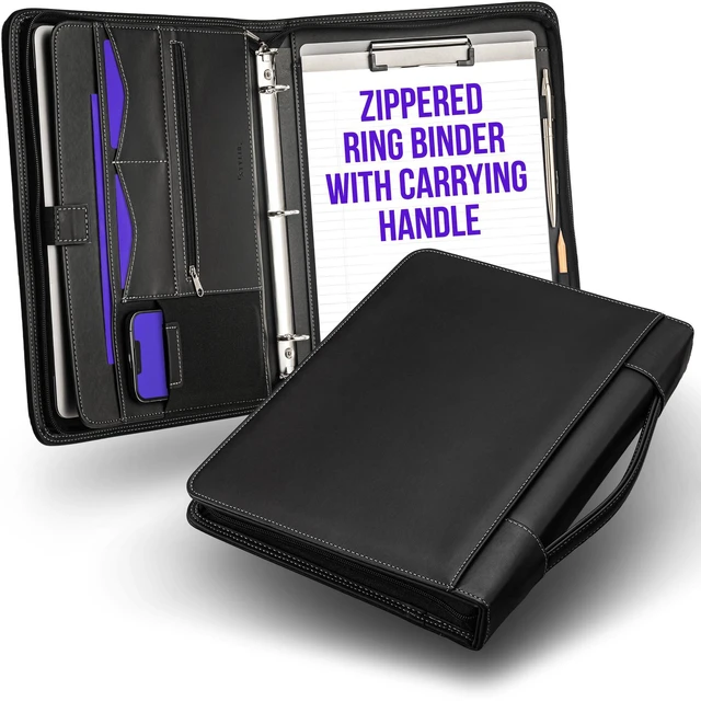 Main image of Zipper Portfolio Binder with Carrying Handle | Removable 3-Ring Binder (1") w/Clipboard Padfolio | Organizer for Documents, iPad, Tablet, Phone, Notebook| Business Leather Folio for Men Women