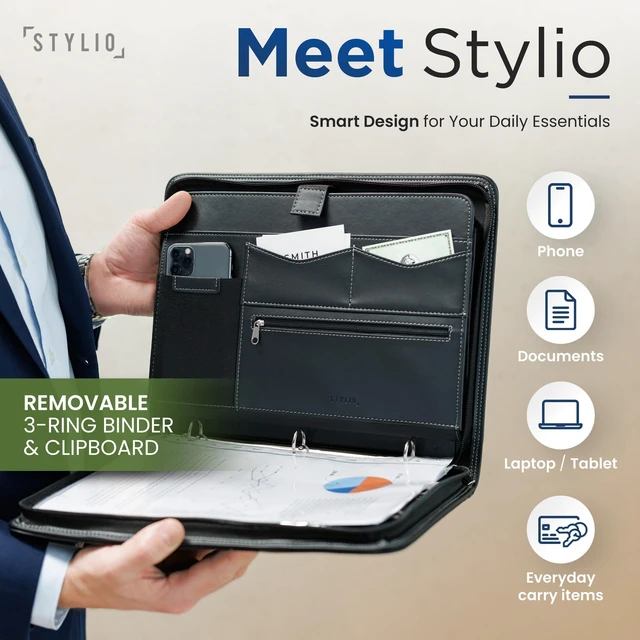 Alt view image 2 of 7 - Zipper Portfolio Binder with Carrying Handle | Removable 3-Ring Binder (1") w/Clipboard Padfolio | Organizer for Documents, iPad, Tablet, Phone, Notebook| Business Leather Folio for Men Women