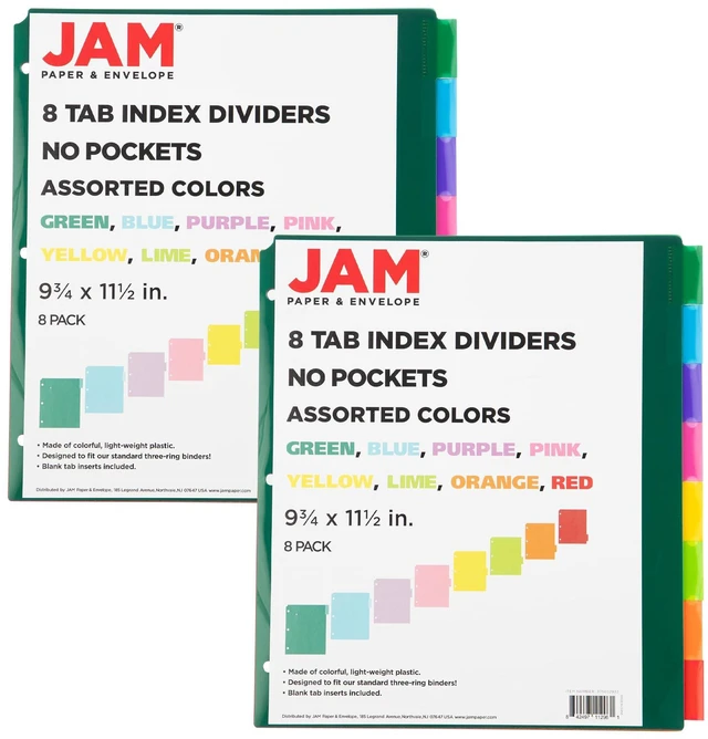Alt view image 4 of 7 - Plastic Index Tab Dividers - 8-Tab - 9 3/4 x 11 1/2 - Multicolor - 2 Sets of 8 Tabs/Pack