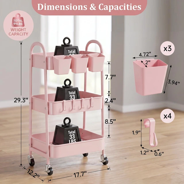 Alt view image 2 of 7 - 3-Tier Rolling Cart, Utility Cart Mobile Metal Rolling Storage Cart with Lockable Wheels & Hanging Cups & Hooks for Kitchen, Bathroom, Office, Workshop, Pink