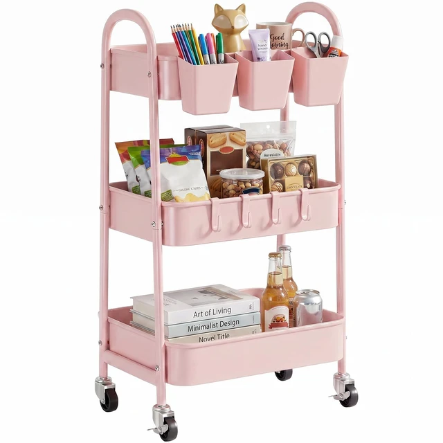 Main image of 3-Tier Rolling Cart, Utility Cart Mobile Metal Rolling Storage Cart with Lockable Wheels & Hanging Cups & Hooks for Kitchen, Bathroom, Office, Workshop, Pink