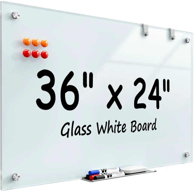 Main image of 36" x 24" Glass Whiteboard Wall Mounted for Office Home Classroom Magnetic Glass Dry Erase Board, Tempered Glass, Steel Backed, Non-Porous Surface, Frameless Design, Hardware Included