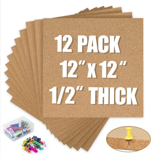 Main image of Cork Board Bulletin Board 12x12, 1/2" Thick Cork Board Tiles 12 Pack, Small Square Pin Board for Wall, Self Adhesive Corkboards with 120 Push Pin Wood Clips for School, Home & Office