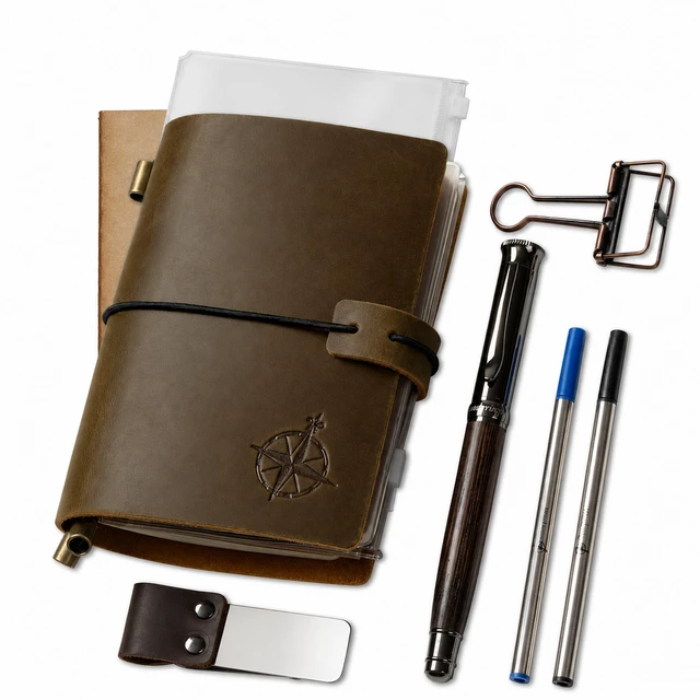 Main image of Pocket Size Travelers Notebook Bundle 4" x 5.1" (10 x 13cm) Genuine Leather Journal with Pen Holder, Pen, 2 Ink Refills, PVC Folder & Binder Clip