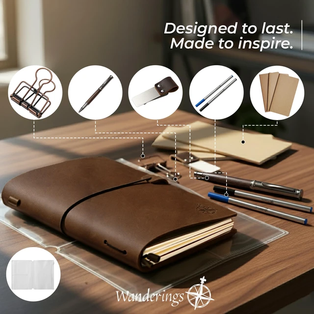 Alt view image 3 of 7 - Pocket Size Travelers Notebook Bundle 4" x 5.1" (10 x 13cm) Genuine Leather Journal with Pen Holder, Pen, 2 Ink Refills, PVC Folder & Binder Clip