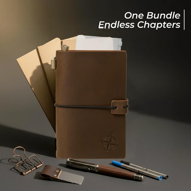 Alt view image 5 of 7 - Pocket Size Travelers Notebook Bundle 4" x 5.1" (10 x 13cm) Genuine Leather Journal with Pen Holder, Pen, 2 Ink Refills, PVC Folder & Binder Clip