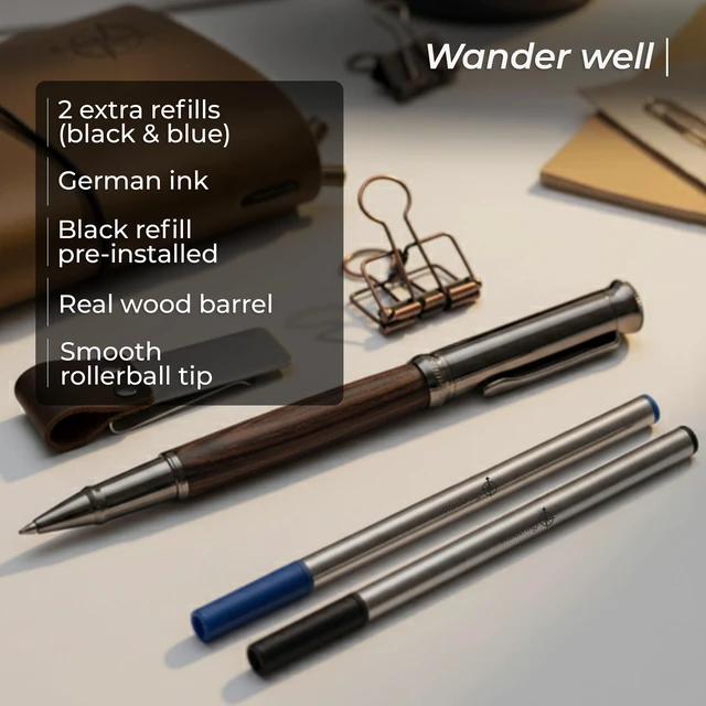 Alt view image 2 of 7 - Pocket Size Travelers Notebook Bundle 4" x 5.1" (10 x 13cm) Genuine Leather Journal with Pen Holder, Pen, 2 Ink Refills, PVC Folder & Binder Clip