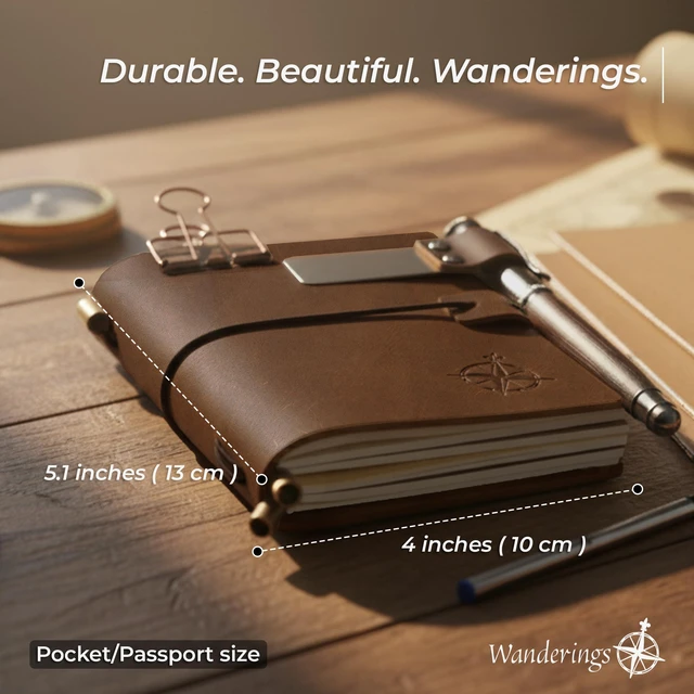 Alt view image 4 of 7 - Pocket Size Travelers Notebook Bundle 4" x 5.1" (10 x 13cm) Genuine Leather Journal with Pen Holder, Pen, 2 Ink Refills, PVC Folder & Binder Clip