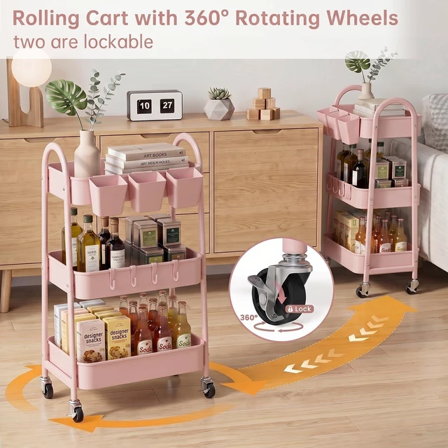 Alt view image 4 of 7 - 3-Tier Rolling Cart, Utility Cart Mobile Metal Rolling Storage Cart with Lockable Wheels & Hanging Cups & Hooks for Kitchen, Bathroom, Office, Workshop, Pink