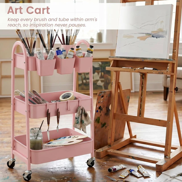 Alt view image 5 of 7 - 3-Tier Rolling Cart, Utility Cart Mobile Metal Rolling Storage Cart with Lockable Wheels & Hanging Cups & Hooks for Kitchen, Bathroom, Office, Workshop, Pink
