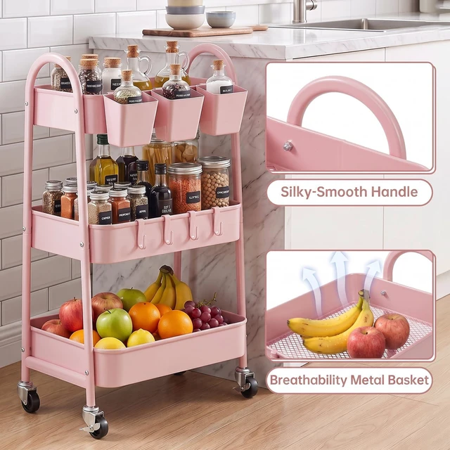 Alt view image 3 of 7 - 3-Tier Rolling Cart, Utility Cart Mobile Metal Rolling Storage Cart with Lockable Wheels & Hanging Cups & Hooks for Kitchen, Bathroom, Office, Workshop, Pink