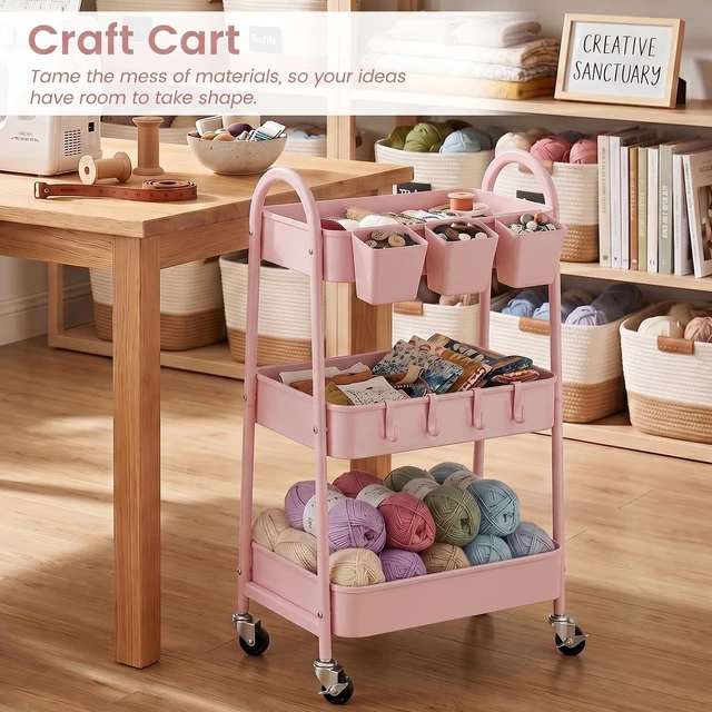 Alt view image 7 of 7 - 3-Tier Rolling Cart, Utility Cart Mobile Metal Rolling Storage Cart with Lockable Wheels & Hanging Cups & Hooks for Kitchen, Bathroom, Office, Workshop, Pink
