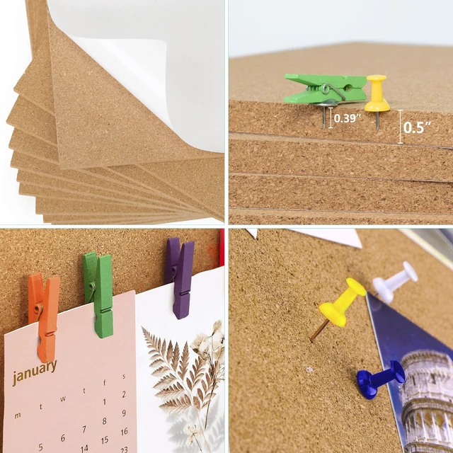 Alt view image 5 of 7 - Cork Board Bulletin Board 12x12, 1/2" Thick Cork Board Tiles 12 Pack, Small Square Pin Board for Wall, Self Adhesive Corkboards with 120 Push Pin Wood Clips for School, Home & Office