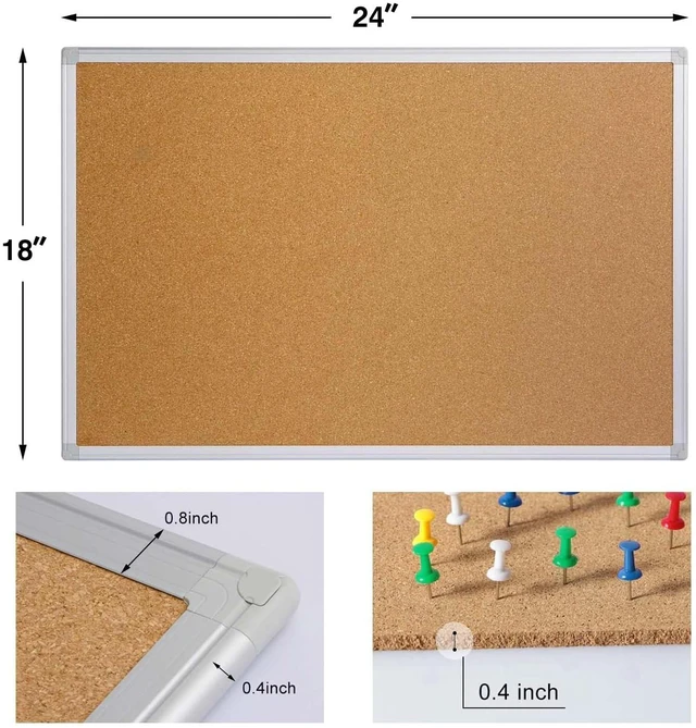 Alt view image 3 of 7 - Cork Board Bulletin Board 24 x 18 Inches, Silver Aluminium Framed Corkboard, Office Board for Wall Cork, Large Wall Mounted Notice Pin Board for Home, Office and School