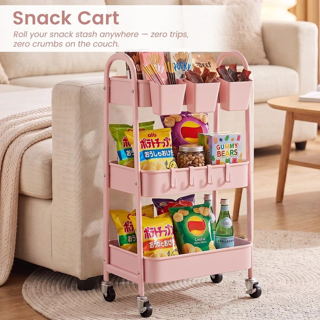 Alt view image 6 of 7 - 3-Tier Rolling Cart, Utility Cart Mobile Metal Rolling Storage Cart with Lockable Wheels & Hanging Cups & Hooks for Kitchen, Bathroom, Office, Workshop, Pink