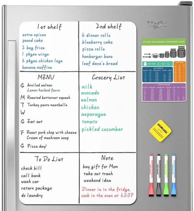 Main image of Magnetic Dry Erase Board: Large Fridge Whiteboard, Flexible Refrigerator Magnet White Board, Blank Writing Note Sheet with Kitchen Conversion Chart Magnet, 4 Markers & Eraser - 23 x 15
