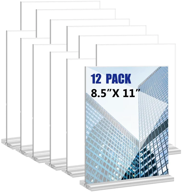 Main image of Acrylic Sign Holder 8.5x11 Inches 12 Pack T Shape Desktop Display Stand Vertical Double Sided Clear Table Menu Flyer Holder for Restaurants, Office, Shop, Wedding