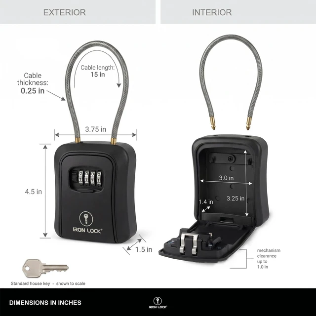 Alt view image 3 of 7 - ® Medium Key Lock Box with Code, 15-in Steel Cable Shackle (Black) Built-in key hooks + catch tray; hangs on handles, gates, fences or a hasp; wall-mountable; dial cover; no batteries